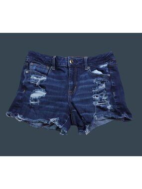 American Eagle Womens Hi-Rise Shortie Distressed Jean Shorts 8 Dark Wash Frayed